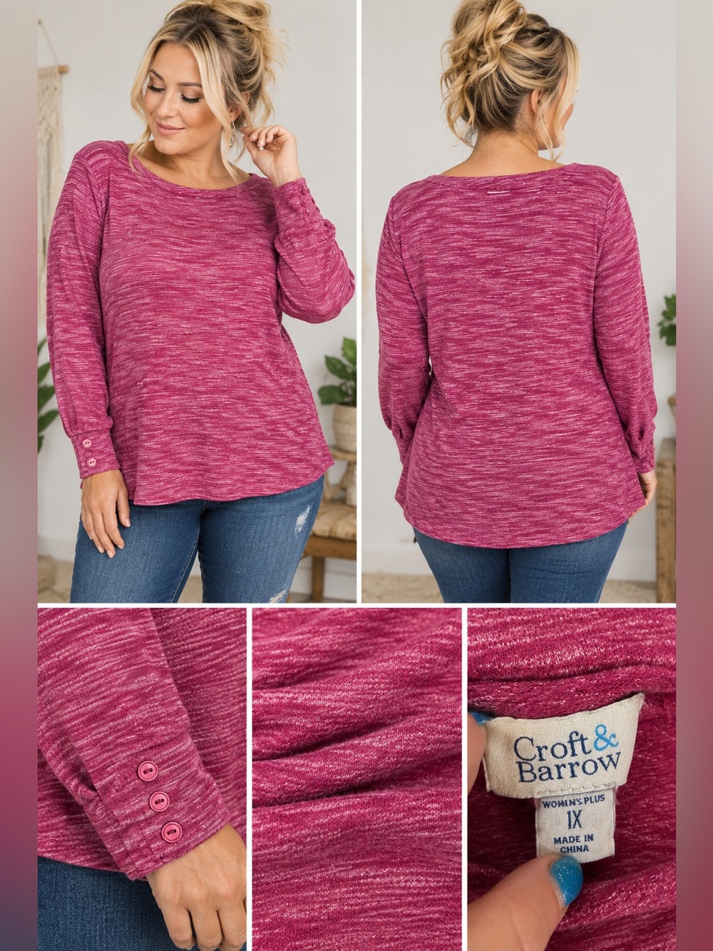Croft & Barrow Women’s Plus 1X Pink Marled Long Sleeve Top Button Cuffs